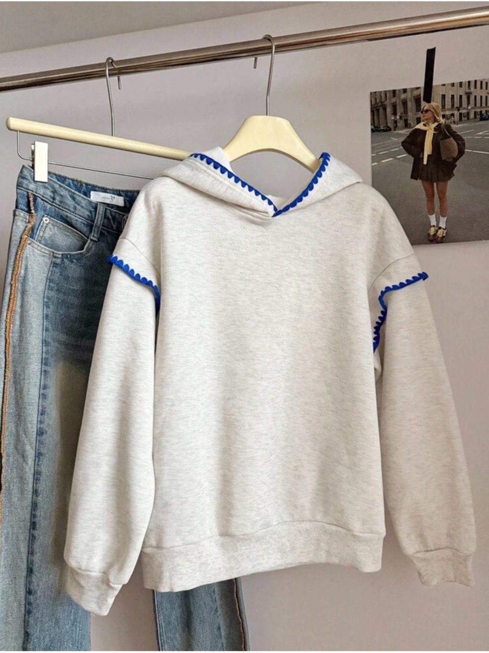 Women's Cream Hoodie with Blue Trim - Casual Pullover